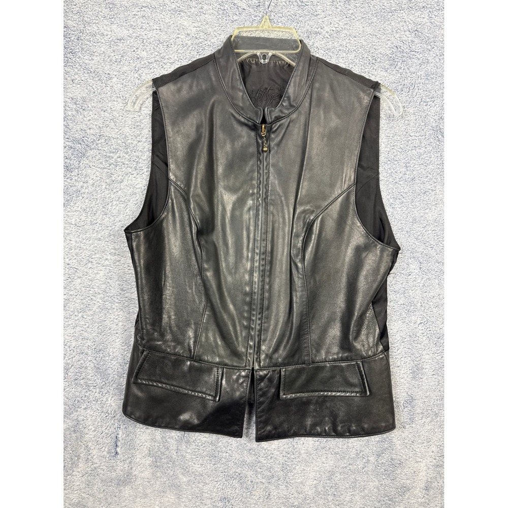 Peter Nygard Womens 12 Black Leather Vest Mixed Media Zip Front Biker Chic